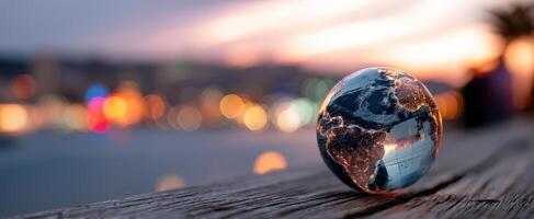 The stunning globe showcasing Earth against a beautiful sunset backdrop. photo