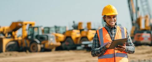 The construction worker using a tablet on a busy construction site. photo