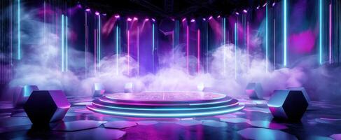The vibrant illuminated stage with neon lights and fog effects for performances. photo