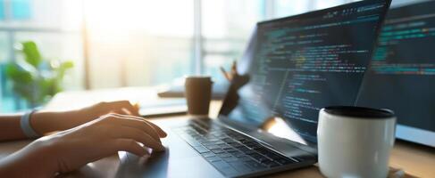The hands of a programmer typing on a laptop in a bright office setting. photo