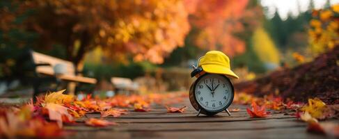 The charming clock wearing a yellow hat amidst colorful autumn leaves. photo