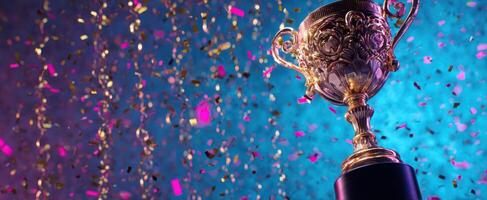 The trophy gleams under confetti in a festive celebration scene. photo
