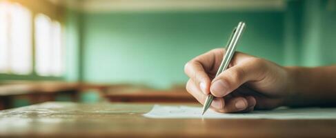 The hand writing notes on a blank paper in an educational setting. photo