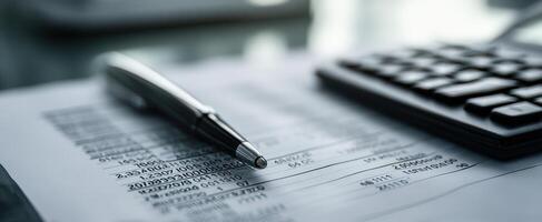 The calculator and pen resting on financial documents for accurate budgeting. photo