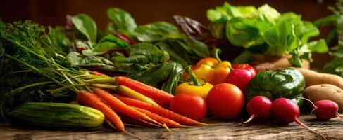 The vibrant display of fresh vegetables on a rustic wooden table photo