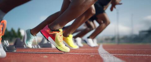 The vibrant running shoes preparing for a dynamic track race. photo