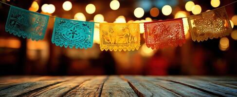 The Colorful Papel Picado Banners Illuminated by Warm Bokeh Lights photo