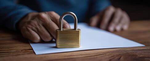 The padlock securing important documents on a wooden desk. photo