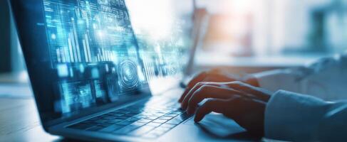 The laptop displays digital data with hands engaged in analysis and technology. photo