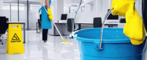 The blue bucket and mop in a modern office cleaning environment photo