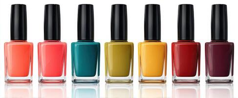 The collection of vibrant nail polishes in assorted colors for stylish manicures. photo
