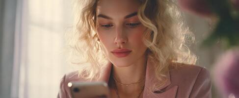 The Woman Holding a Smartphone in a Cozy Indoor Setting photo