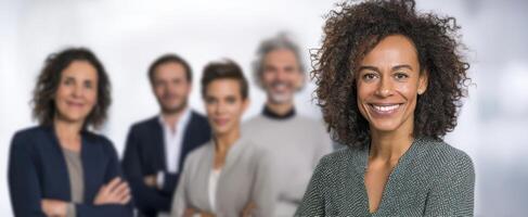 The confident businesswoman leading a diverse team in a modern office setting. photo