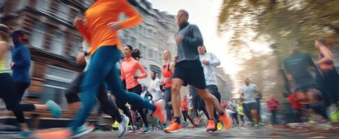 The energetic runners participating in a vibrant urban marathon event photo