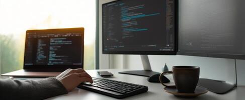 The modern workspace featuring coding on multiple screens and a coffee cup. photo