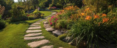 The Scenic Pathway Through a Beautifully Landscaped Garden in Full Bloom photo