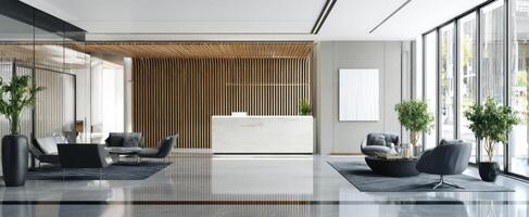 The modern office reception area featuring elegant furniture and natural elements. photo