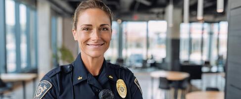 The confident police officer smiling in a modern office environment. photo