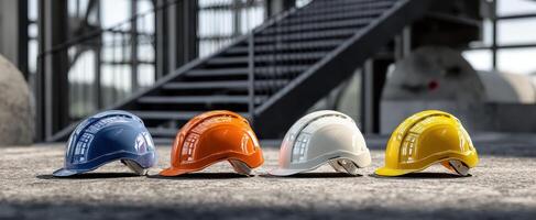 The colorful hard hats arranged on a construction site floor. photo