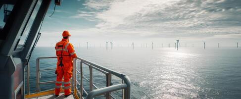 The offshore worker overseeing the expansive windfarm and serene ocean view photo