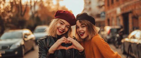 The joyful friends making heart shapes with hands in the city. photo