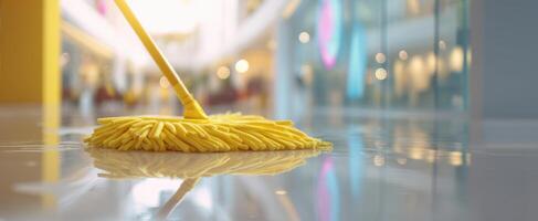 The yellow mop enhancing cleanliness in a modern commercial space. photo