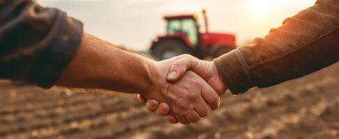 The handshake between farmers symbolizing unity and collaboration in agriculture. photo