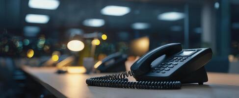 The classic telephone on a desk in a modern office setting at night photo