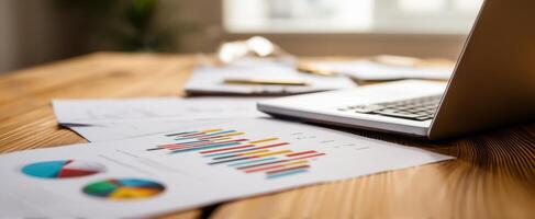 The workspace featuring a laptop and colorful analytical charts on the desk. photo