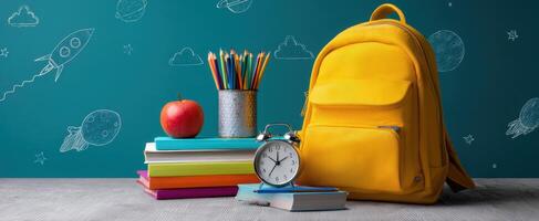 The vibrant yellow backpack surrounded by school supplies and an apple photo