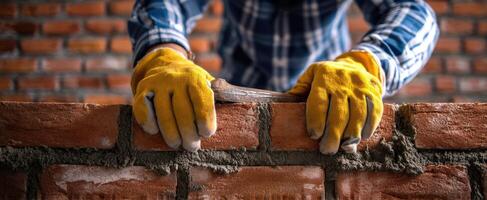 The skilled craftsman carefully lays bricks with precision and dedication. photo