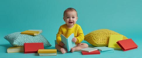 The joyful baby exploring books surrounded by colorful cushions. photo