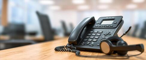 The telephone with headset in a modern office environment ready for calls. photo