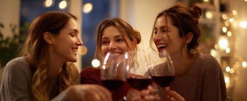 The joyful gathering of friends toasting with wine glasses. photo