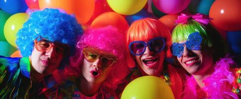 The vibrant celebration of friends dressed in colorful costumes at a party photo