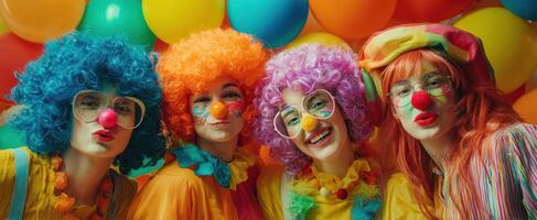 The joyful clowns celebrating friendship and fun in a colorful atmosphere. photo