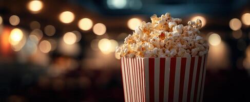 The vibrant bucket of popcorn against a soft blurry background. photo