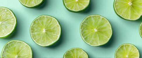 The vibrant arrangement of fresh lime slices on a pastel background photo