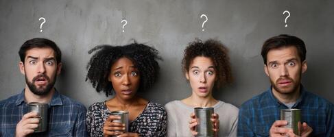 The group of friends expresses confusion while holding metal cans against a gray background. photo