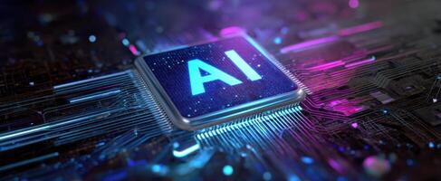 The AI Microchip on a Futuristic Circuit Board Background photo