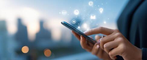 The smartphone with social media icons representing digital communication and connectivity. photo