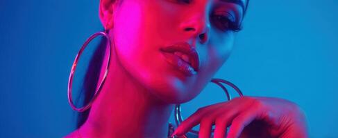 The striking model showcasing vibrant neon colors and stylish accessories in a close-up portrait. photo