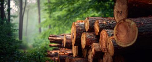 The stacked logs in a serene forest setting with lush greenery. photo