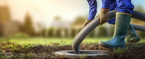 The worker using a hose to service a sewage system in a garden. photo