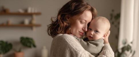 The mother and baby sharing a tender moment of love and connection at home. photo