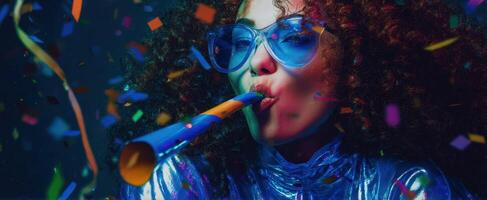 The vibrant woman celebrating joyfully with colorful confetti and festive accessories. photo
