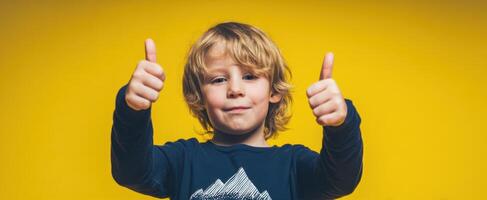 The cheerful boy giving a thumbs-up against a bright yellow background. photo