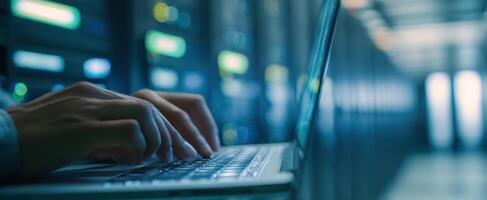 The hands typing on a laptop in a modern server room environment. photo