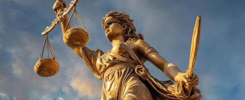 The majestic statue of Justice holding scales against the sky backdrop. photo