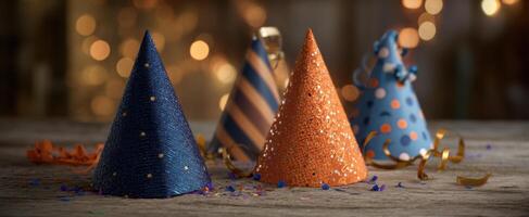 The festive party hats create a vibrant atmosphere for celebration and joy. photo